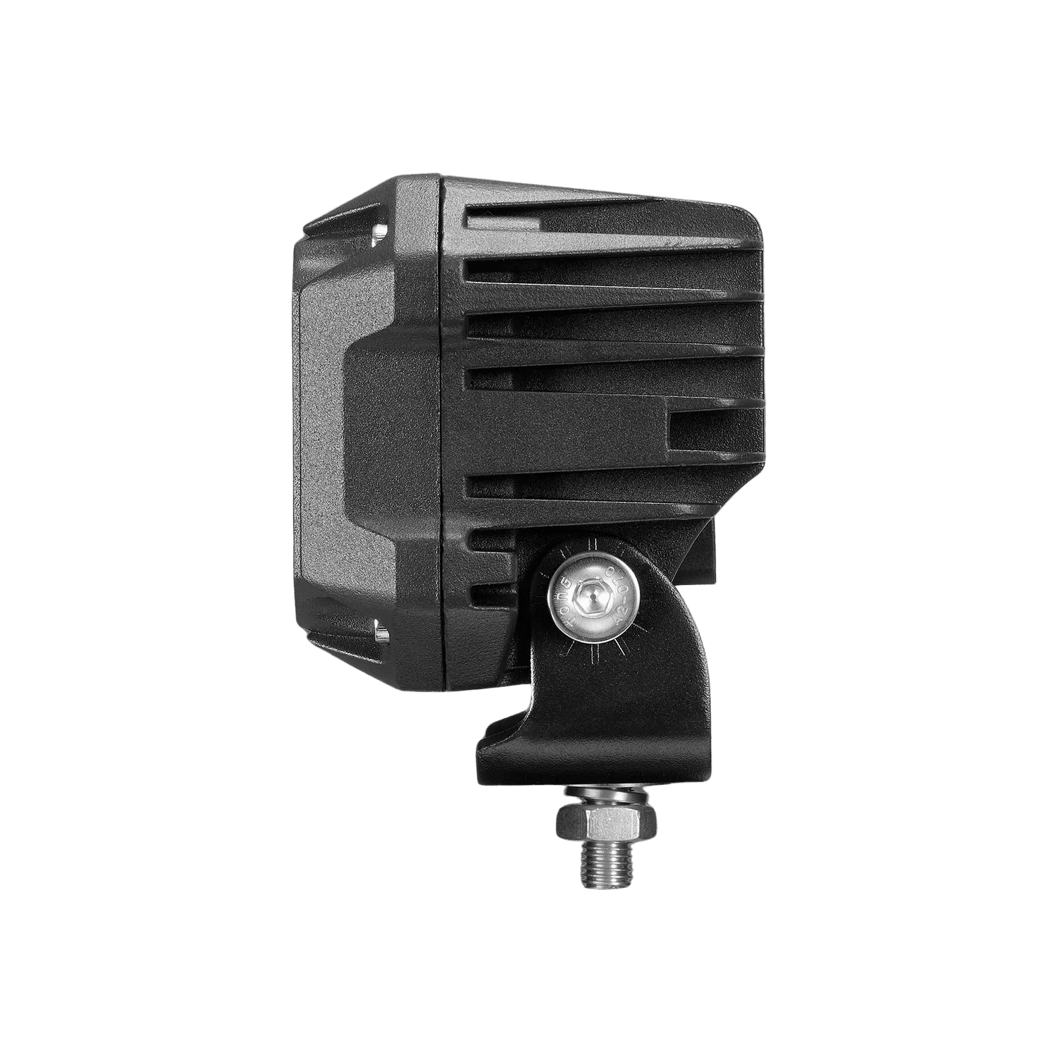 Mega 4800 Blue LED work light side profile showing aluminium heatsink fins and adjustable mounting bracket