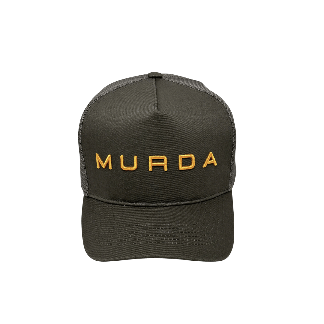 Murda Trucker Cap front view charcoal grey with gold embroidered logo