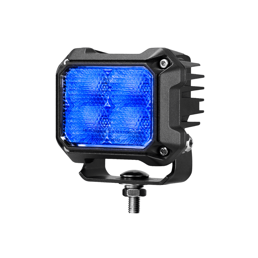 Mega 4800 Blue 48W LED work light front angle view showing four blue LED lenses and mounting bracket