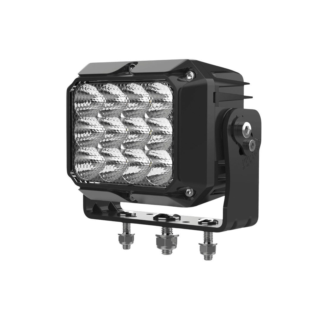 Mega 8800 80W LED work light front-right angle view showing 12 LED lenses and stainless-steel mounting bracket