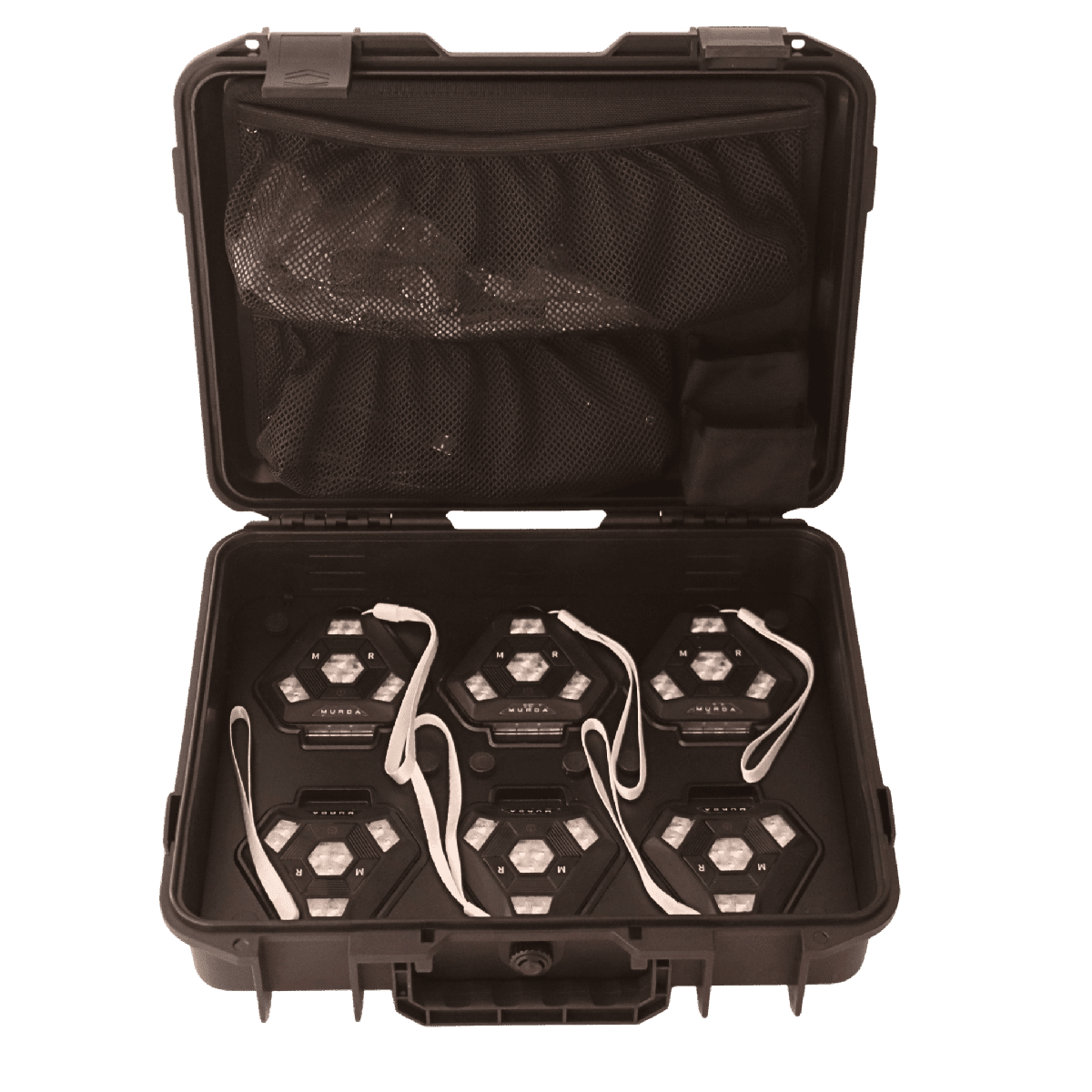 Momentum 360 Magnetic Beacon Kit open case showing six rechargeable LED beacons seated in charging dock
