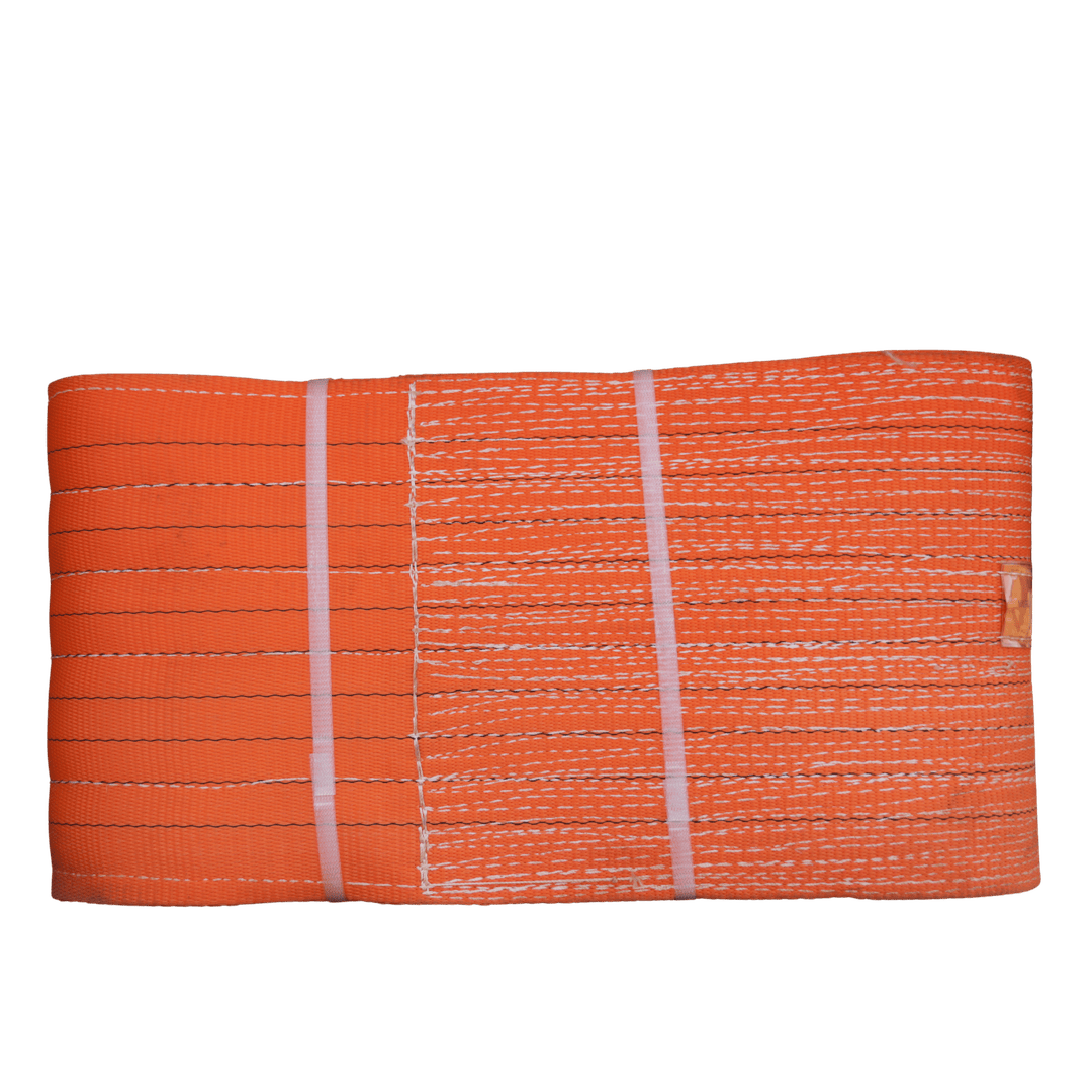Heavy machinery recovery strap close-up showing stitching and webbing detail