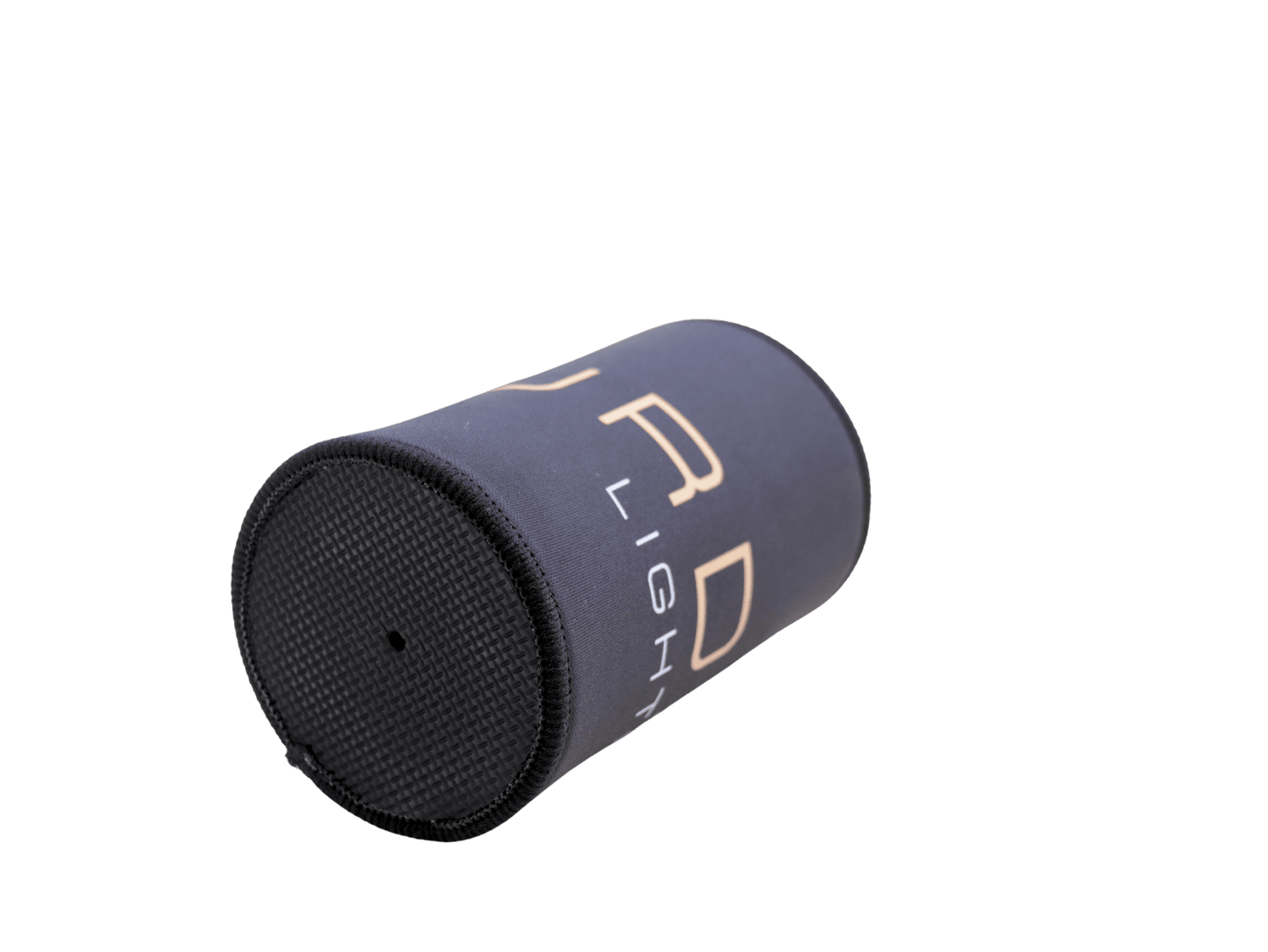 MURDA Lighting stubby cooler collapsed flat, angled view showing textured neoprene base and gold branding