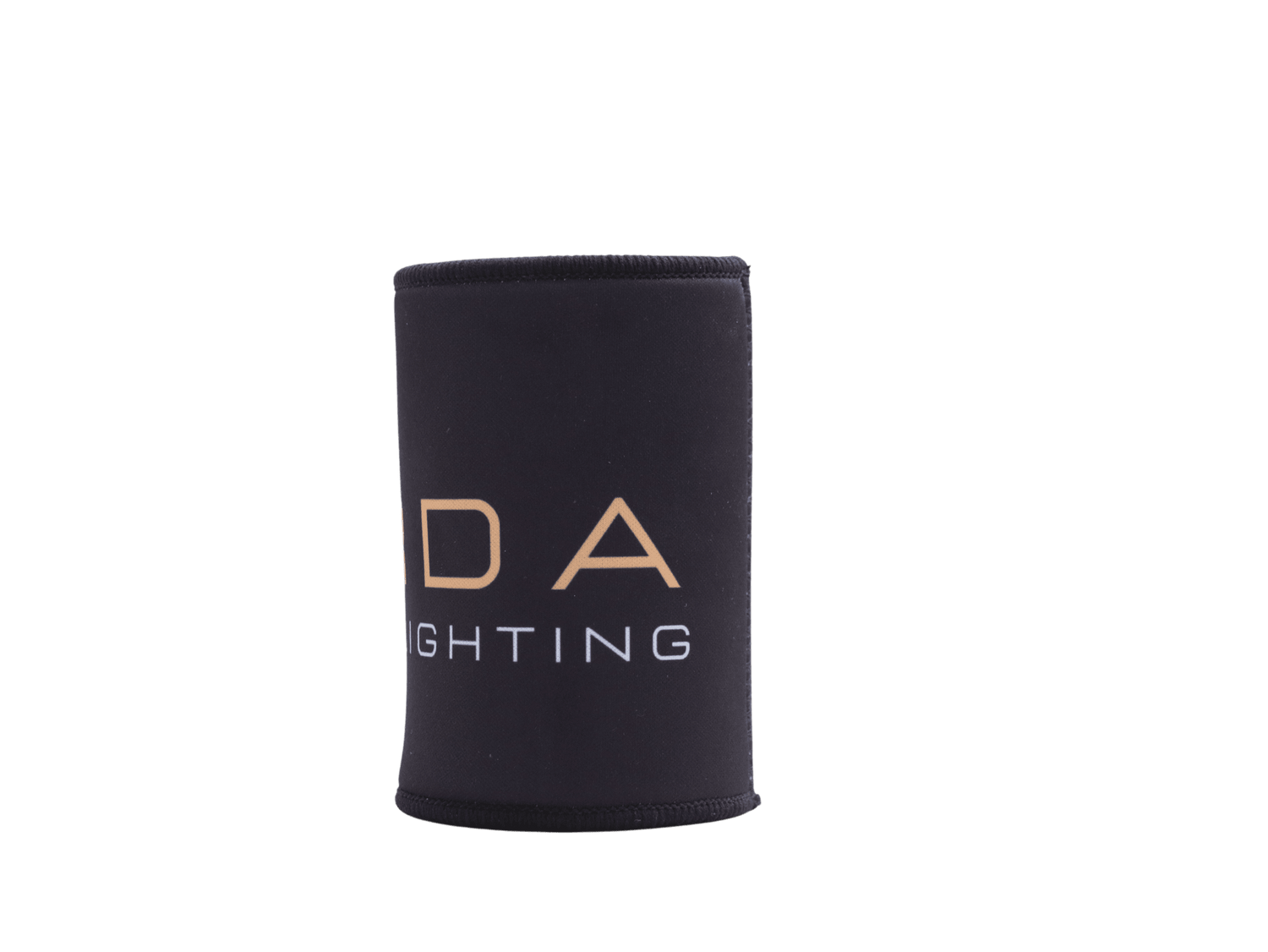 MURDA Lighting stubby cooler rear view showing gold DA LIGHTING text on black neoprene