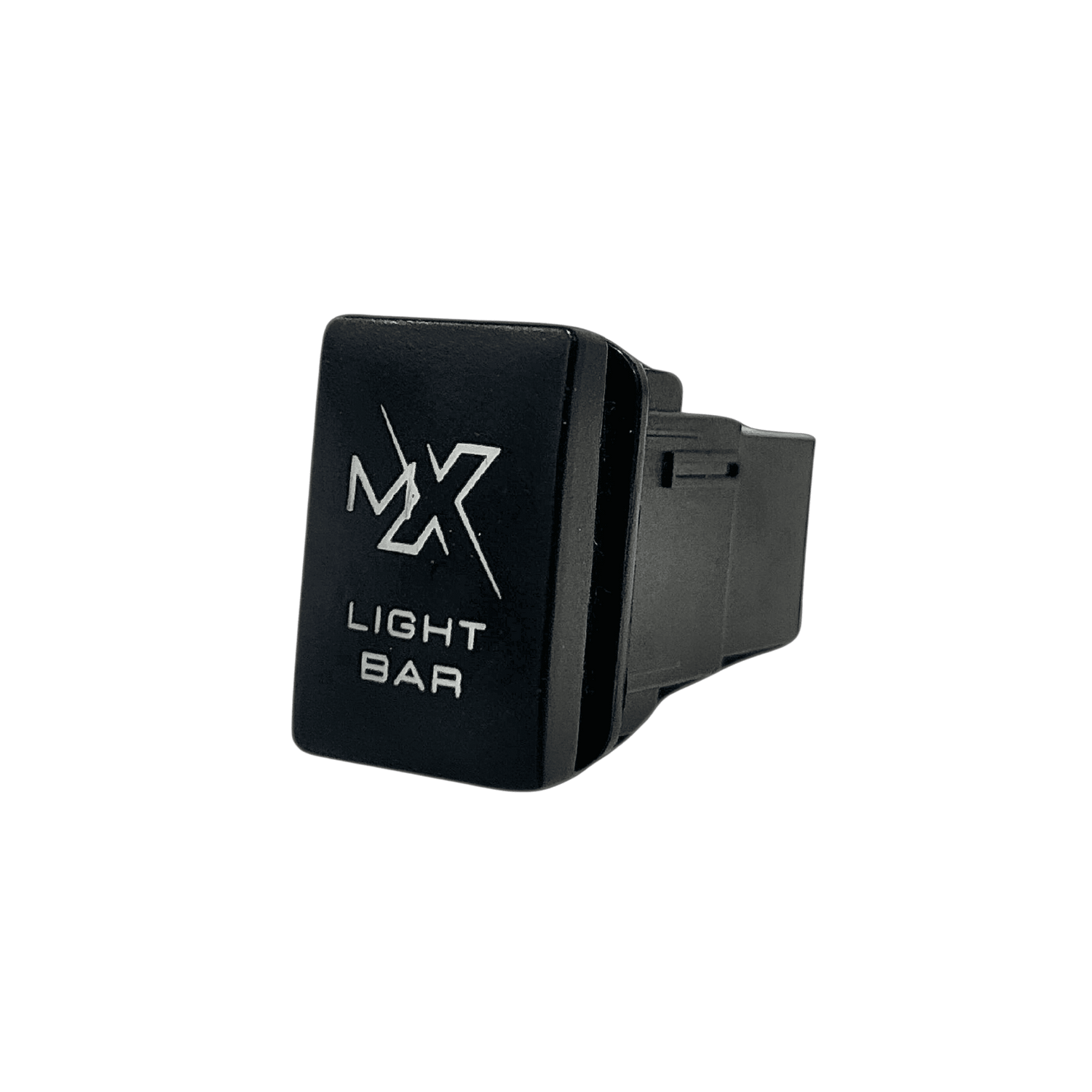12V push switch with laser-etched MX Light Bar logo, front three-quarter view showing ON-OFF markings