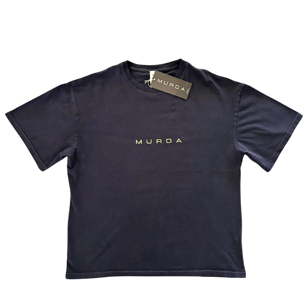 Murda Work T-Shirt navy blue flat lay front showing 250gsm combed cotton fabric