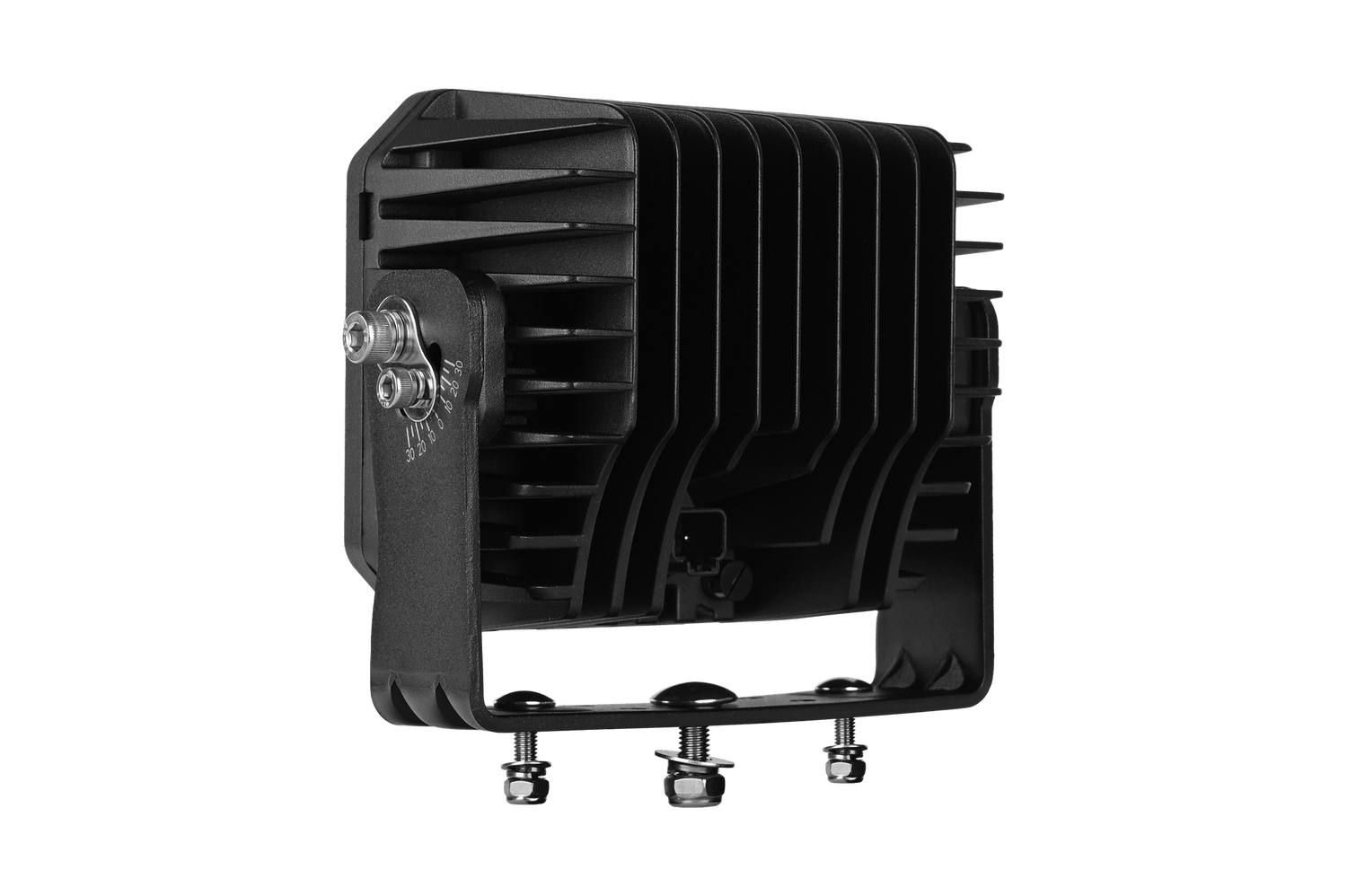 Mega 1600 LED work light rear-left angle showing heatsink design and bracket bolts