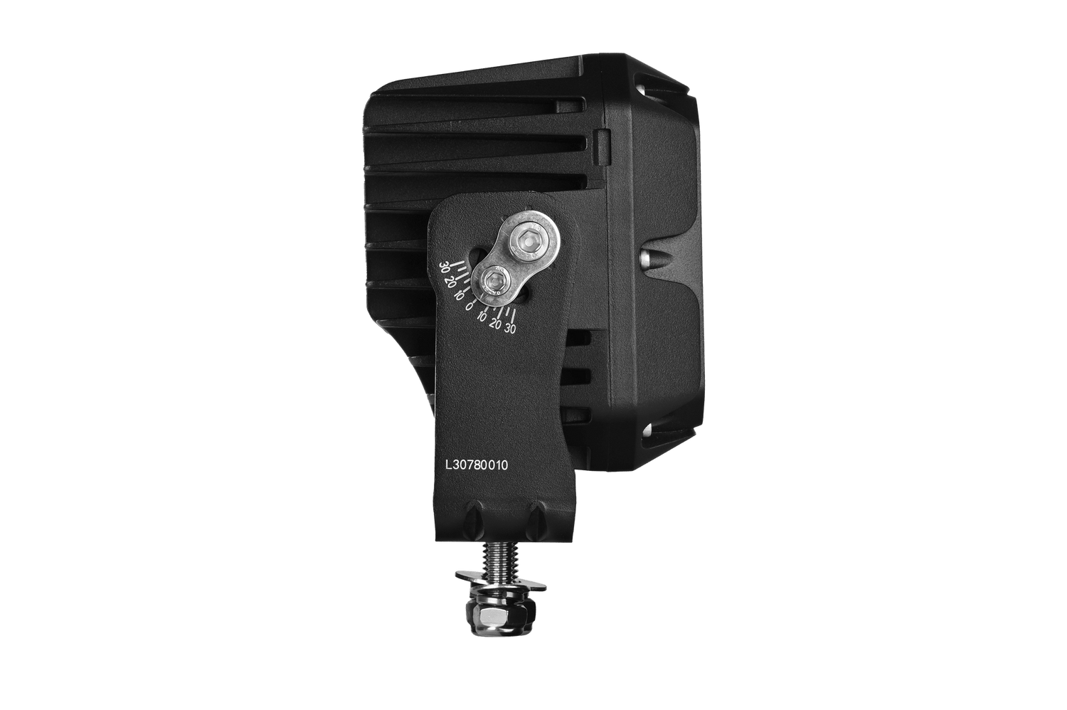 Mega 1600 LED work light side profile showing adjustable bracket with degree markings
