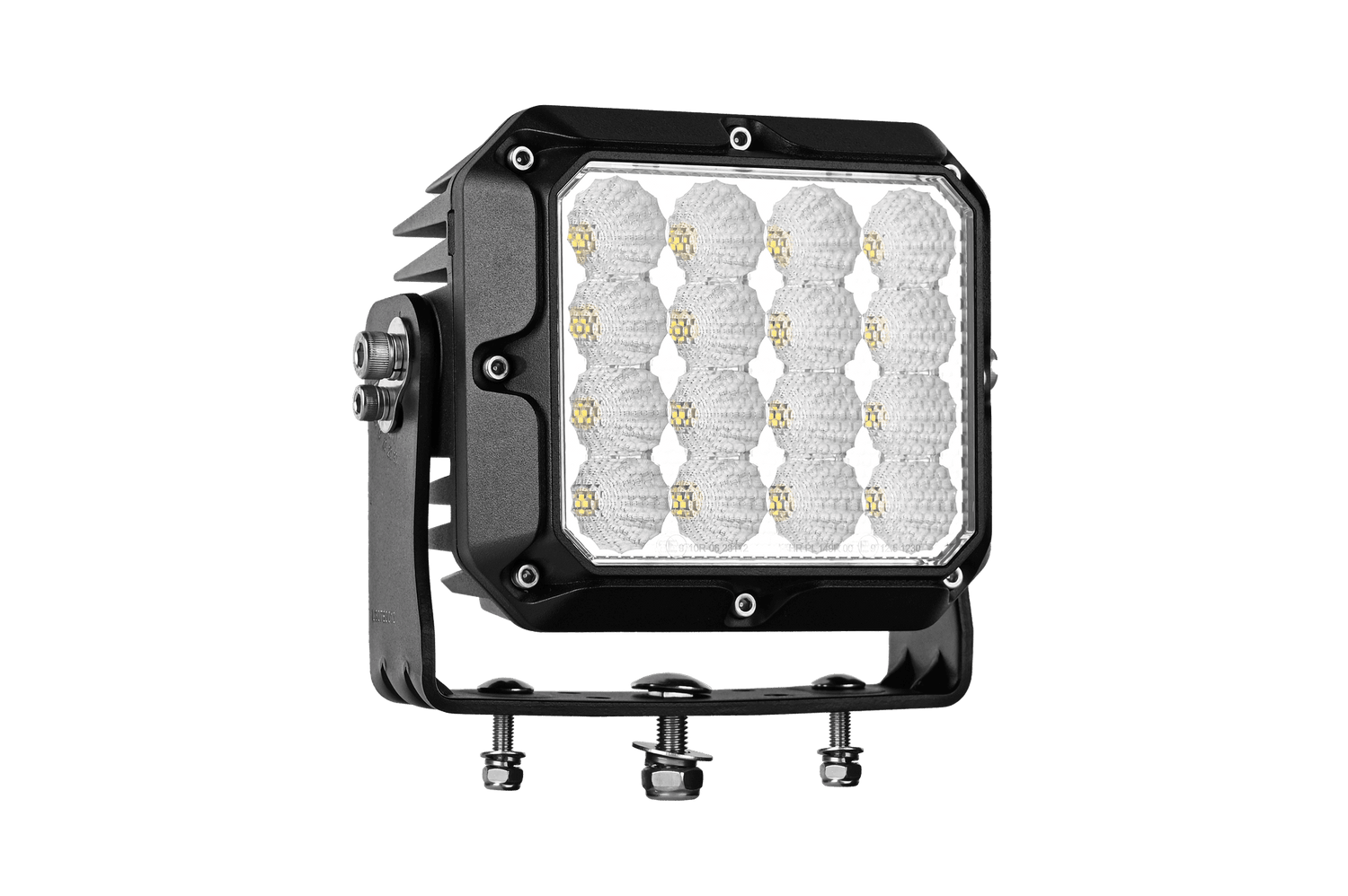 Mega 1600 LED work light front-left angle view showing LED lenses and heatsink fins
