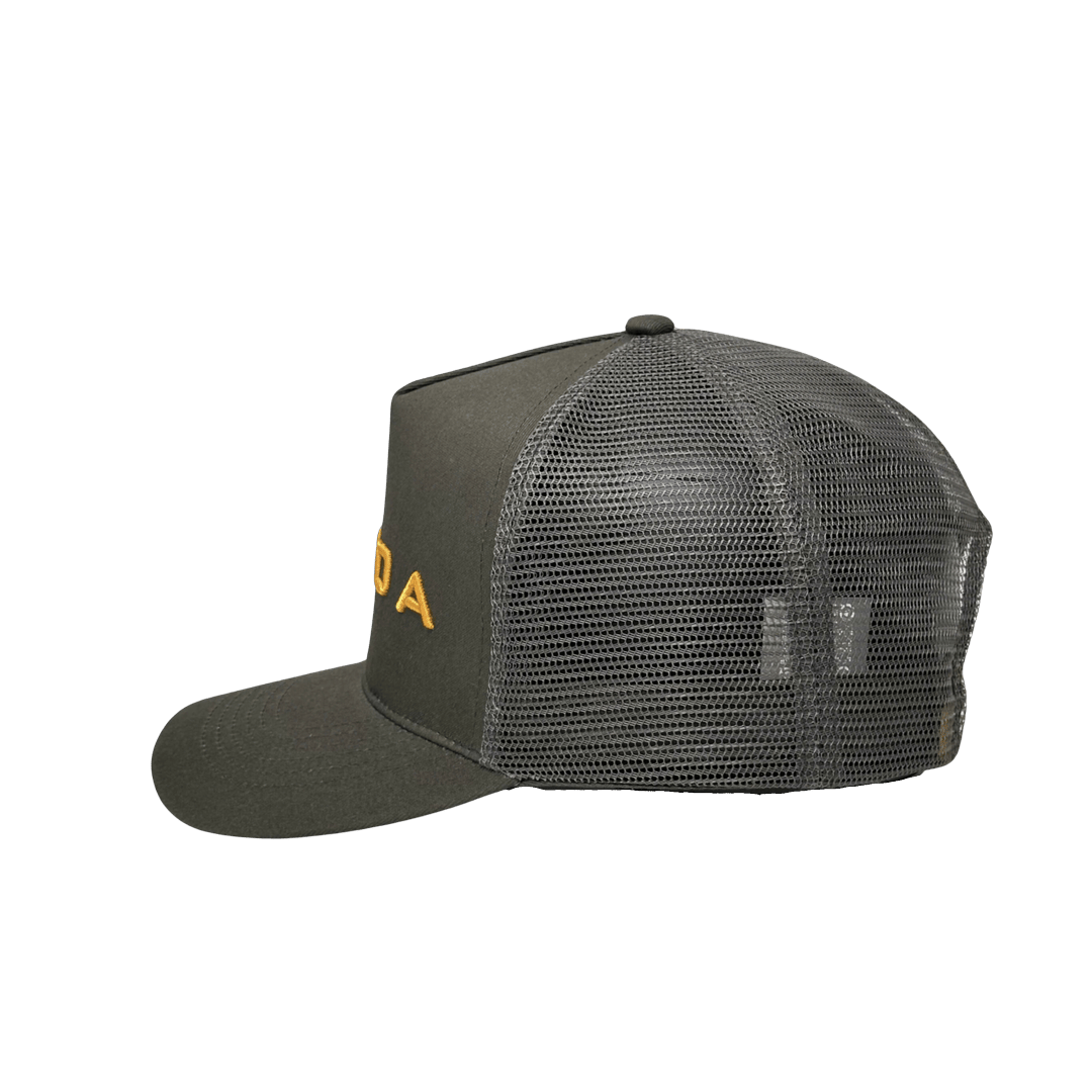 Murda Trucker Cap three-quarter view showing mesh back and snapback closure