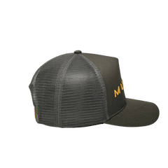 Murda Trucker Cap side view charcoal panel and black mesh