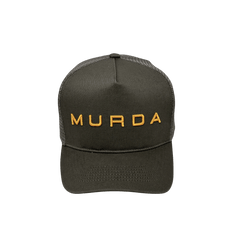 Murda Trucker Cap front view charcoal grey with gold embroidered logo