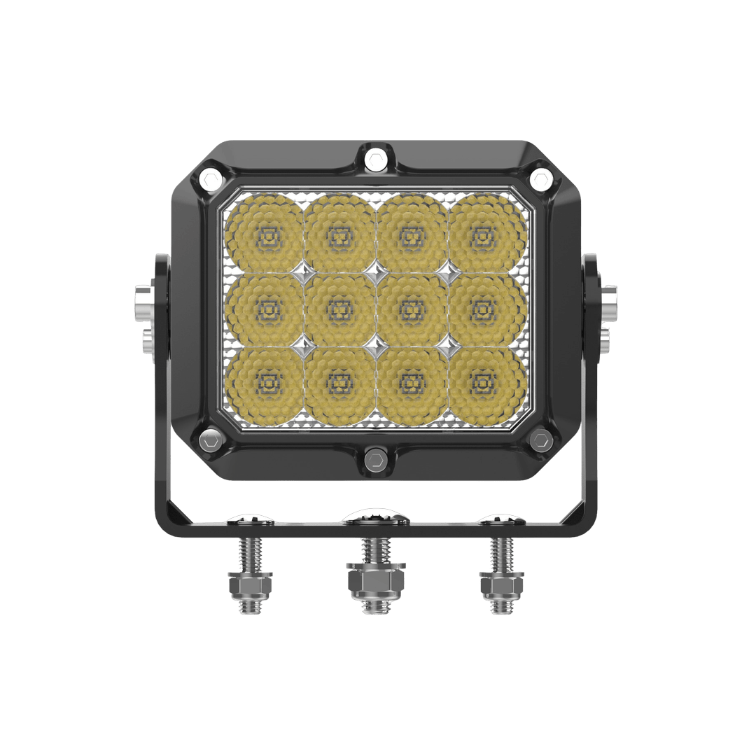 Mega 8800 80W LED work light front-left angle view showing Deutsch connector and mounting bolts
