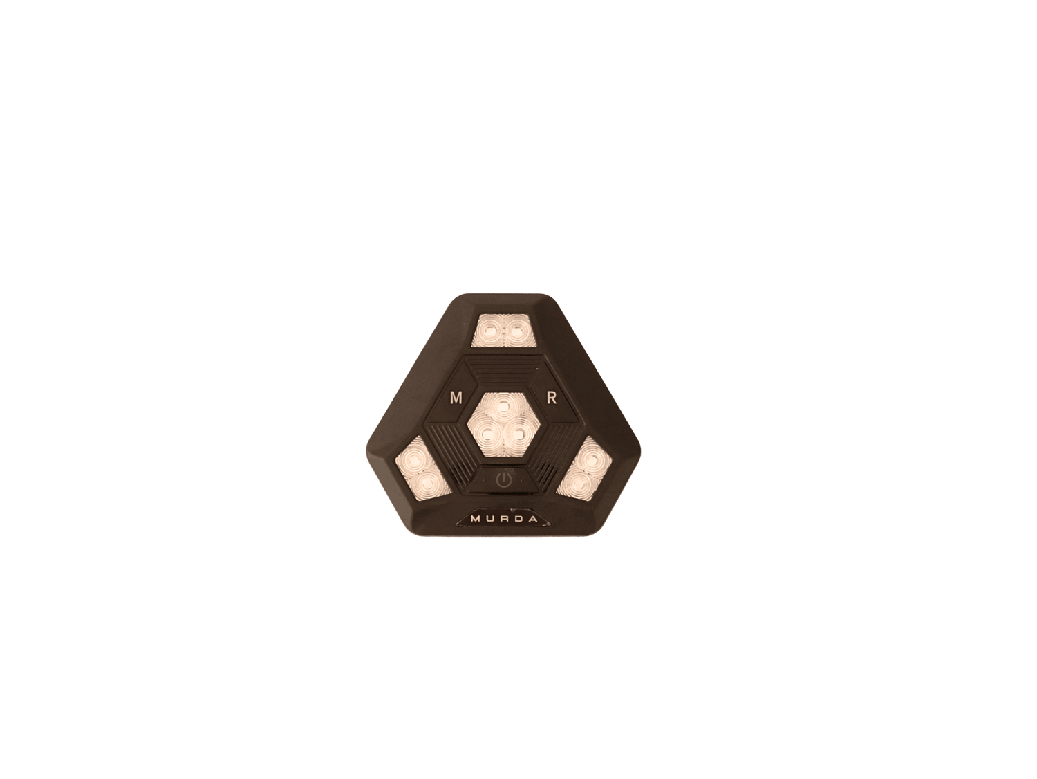 Single Momentum 360 magnetic LED beacon close-up showing triangular housing with M and R buttons and MURDA branding