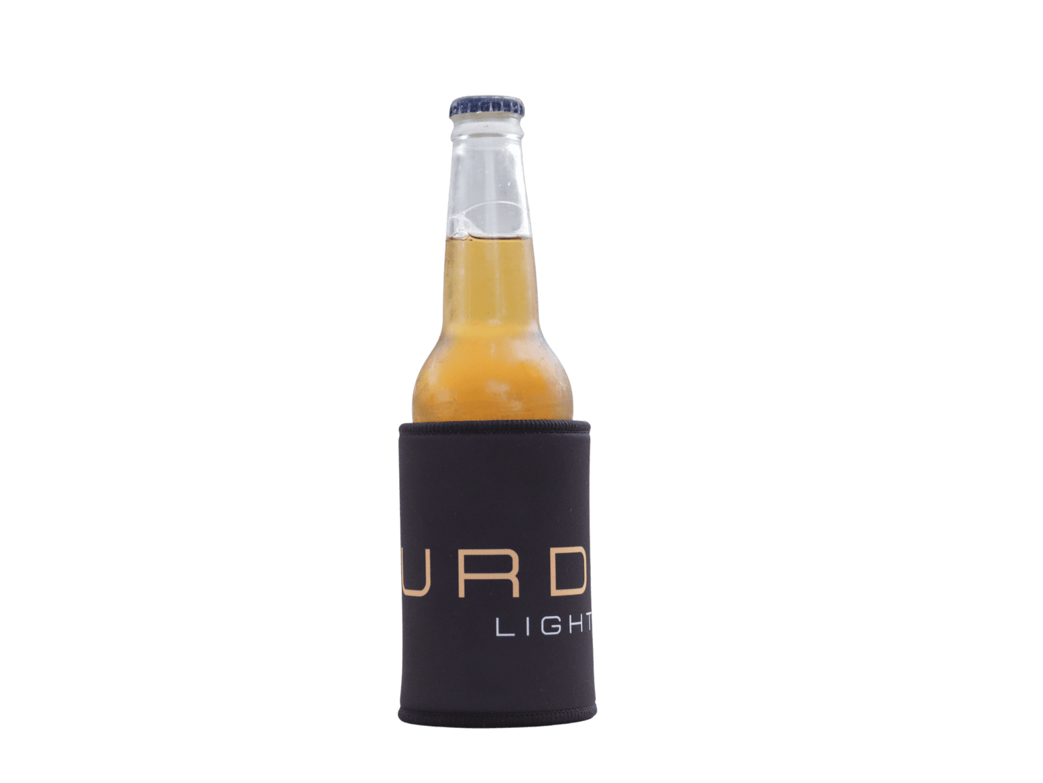 MURDA Lighting black neoprene stubby cooler holding a glass bottle, front view showing gold MURDA Lighting logo