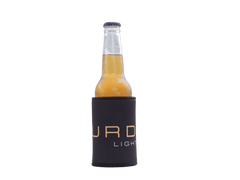 MURDA Lighting black neoprene stubby cooler holding a glass bottle, front view showing gold MURDA Lighting logo
