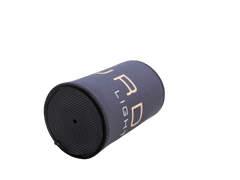 MURDA Lighting stubby cooler collapsed flat, angled view showing textured neoprene base and gold branding