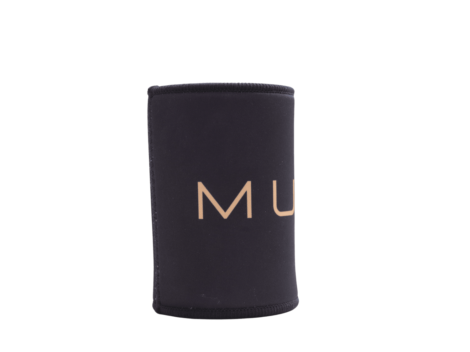 MURDA Lighting stubby cooler upright without bottle, front view showing large gold M logo on black neoprene