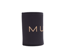 MURDA Lighting stubby cooler upright without bottle, front view showing large gold M logo on black neoprene