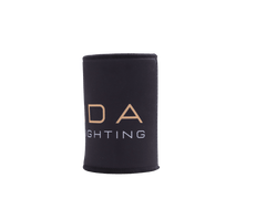 MURDA Lighting stubby cooler rear view showing gold DA LIGHTING text on black neoprene