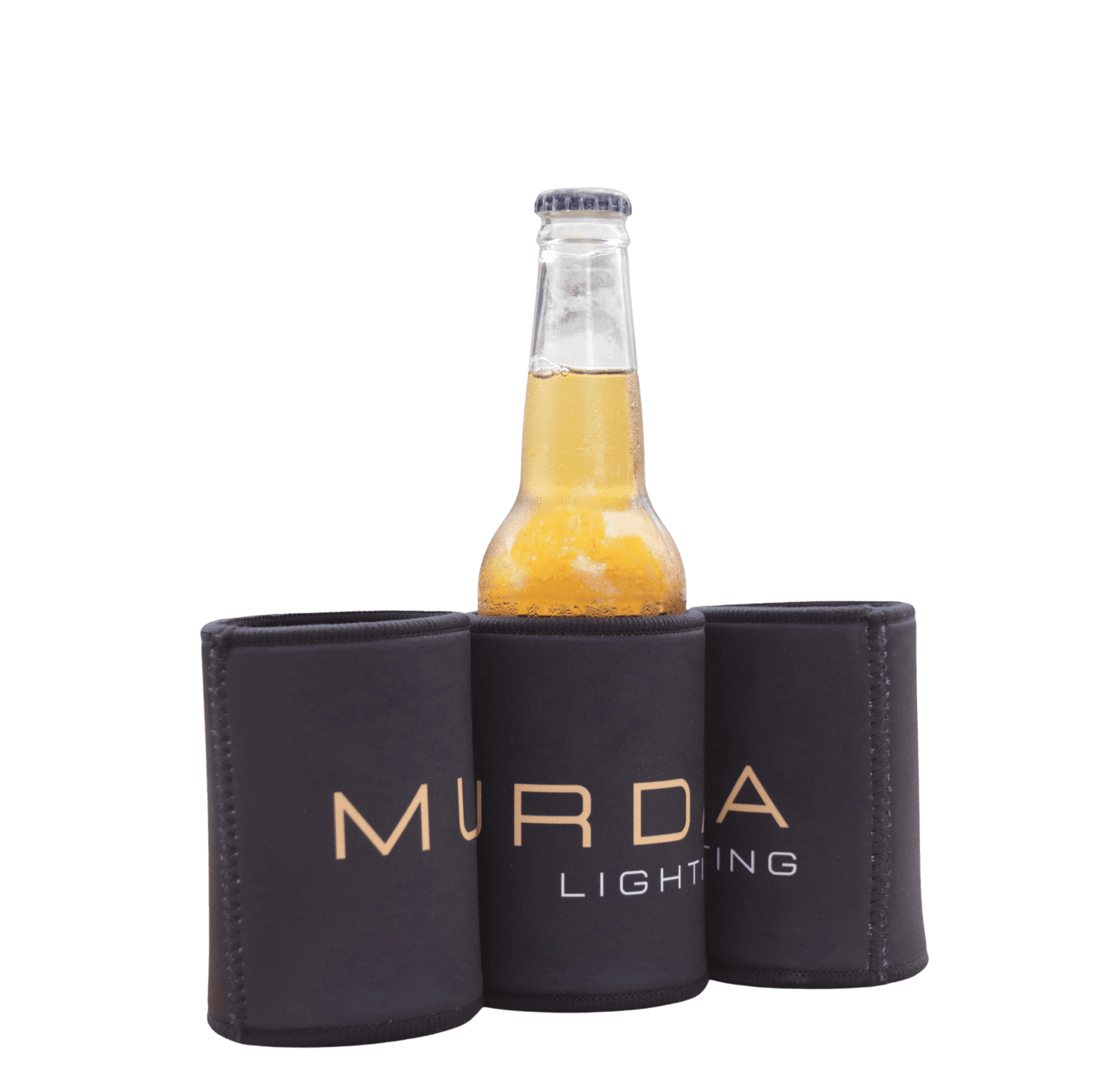 Three MURDA Lighting stubby coolers with a glass bottle, group shot showing full gold MURDA Lighting logo