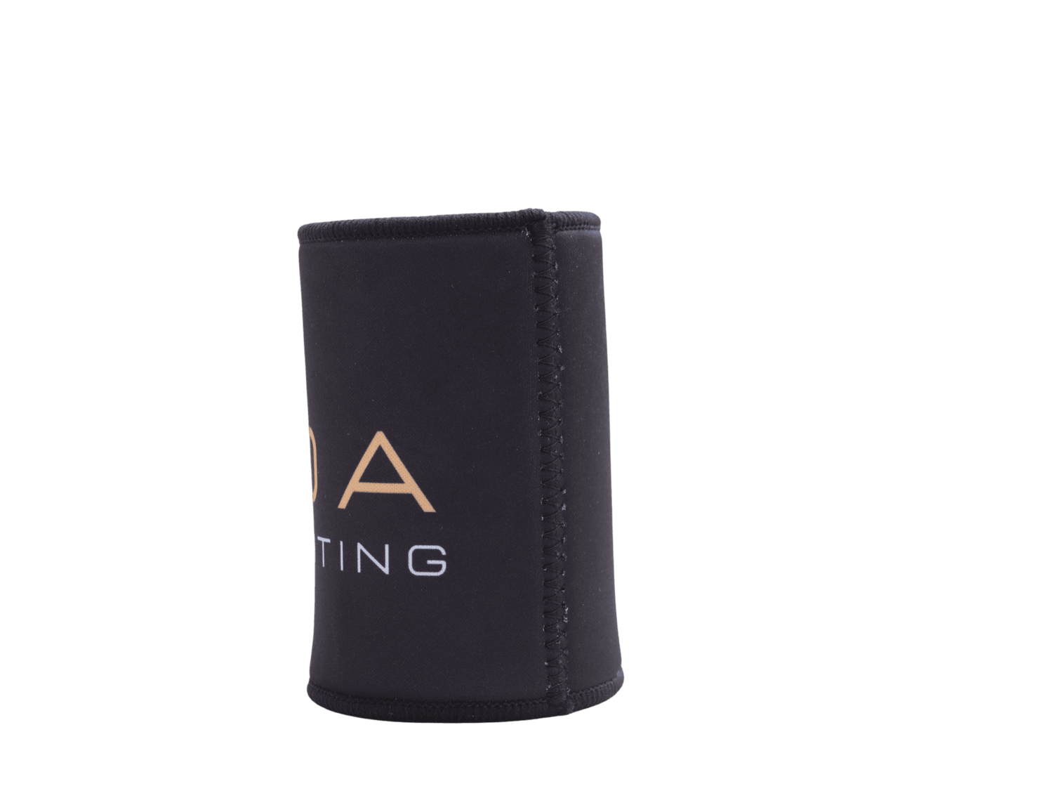 MURDA Lighting stubby cooler side angle showing stitched edge detail and gold branding on black neoprene